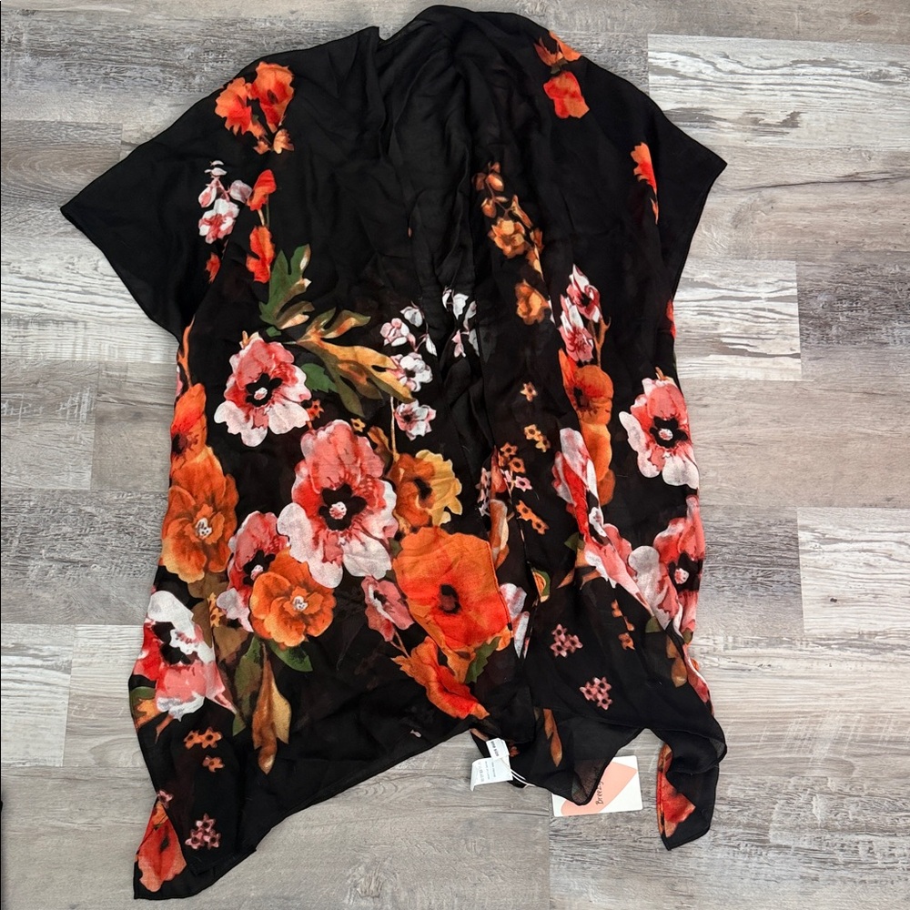 Breezy Lane Black with orange and pink florals Kimono